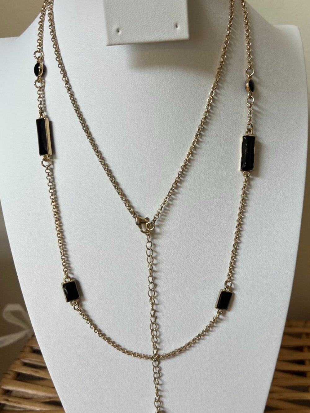 Gold Tone Black Enamel Station Necklace Geometric Chain Adjustable 36” 3 ext